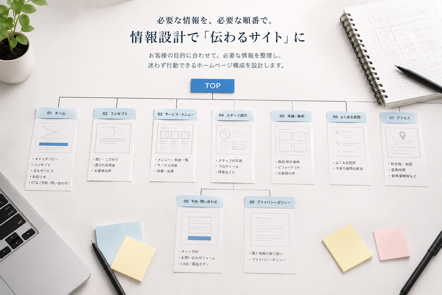 ホームページに必要な情報を整理するイメージ